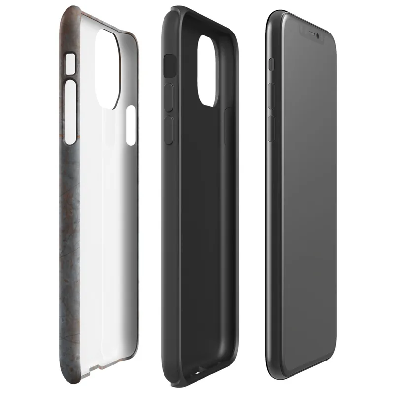 Glossy Industrial Rust Metal Tough Case for iPhone — weathered steel plate with streaks of oxidized rust, surface scratches