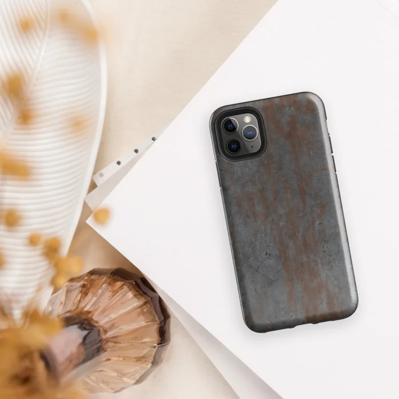 Glossy Industrial Rust Metal Tough Case for iPhone — weathered steel plate with streaks of oxidized rust, surface scratches