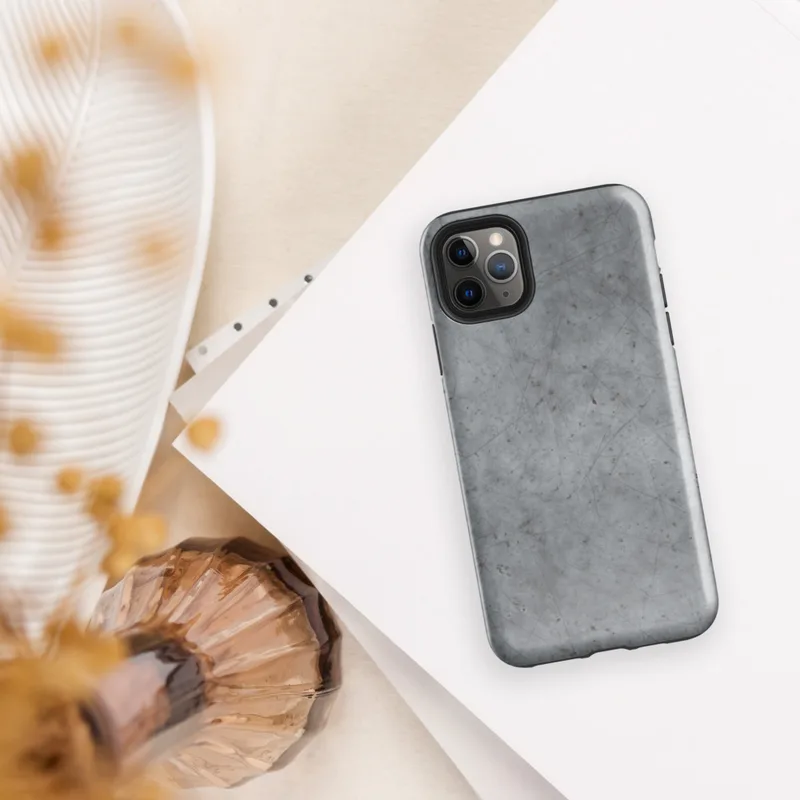 Glossy Scarred Steel Surface Tough Case for iPhone — scratched and worn gray metal surface with fine random score lines