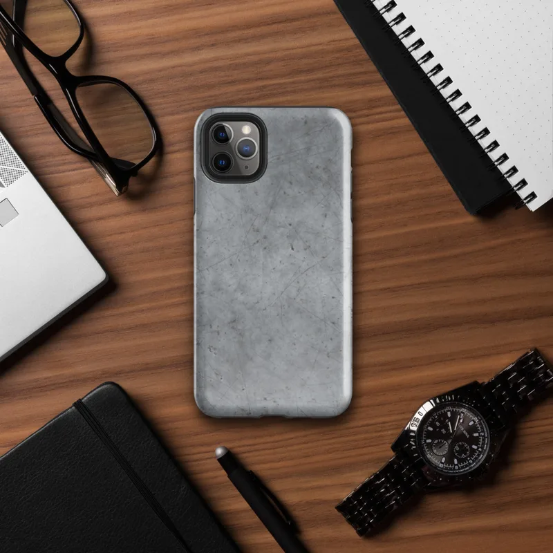 Glossy Scarred Steel Surface Tough Case for iPhone — scratched and worn gray metal surface with fine random score lines