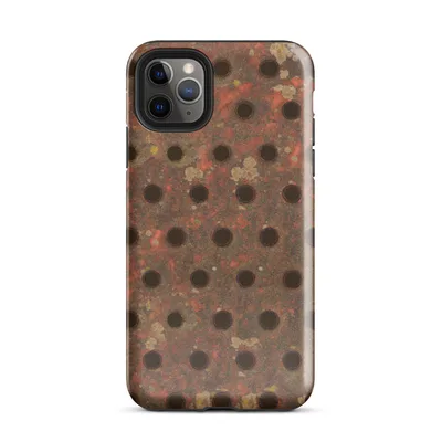close-up of heavily rusted perforated steel plate with rows of dark circular holes, red-orange oxidation, and scattered mineral deposits in beige and yellow-green on Glossy Industrial Rust Perforated Metal Case - default view