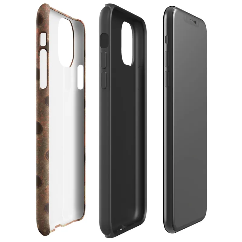 Glossy Industrial Rust Perforated Metal Tough Case for iPhone — close-up of heavily rusted perforated steel plate with rows