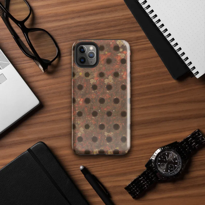 Glossy Industrial Rust Perforated Metal Tough Case for iPhone — close-up of heavily rusted perforated steel plate with rows