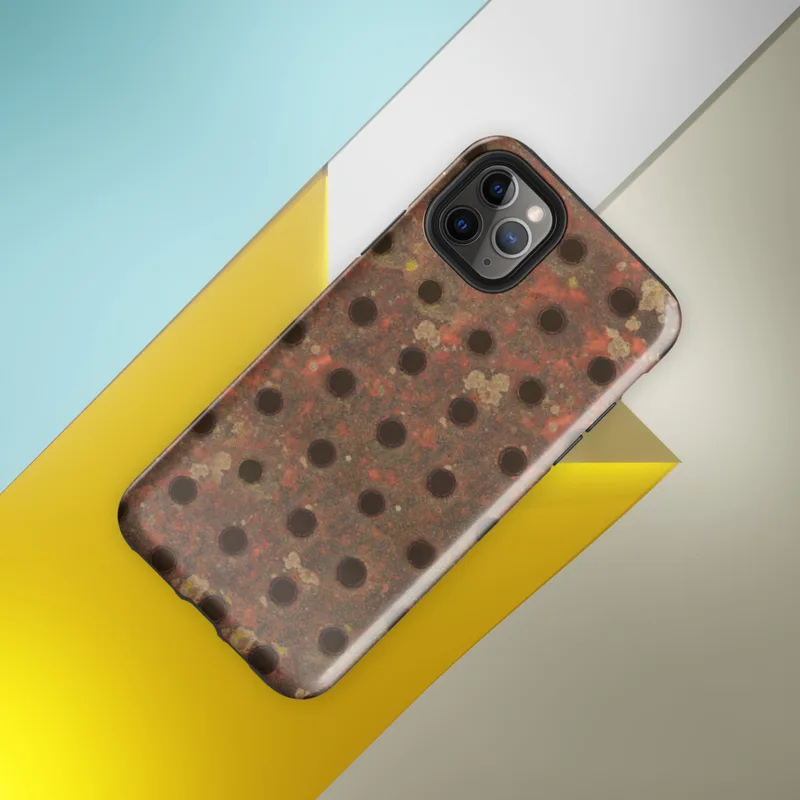 Glossy Industrial Rust Perforated Metal Tough Case for iPhone — close-up of heavily rusted perforated steel plate with rows