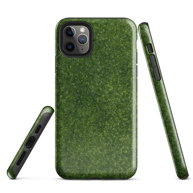 Glossy Lush Green Clover Field Tough Case for iPhone — aerial view of a dense clover field with layered deep forest green