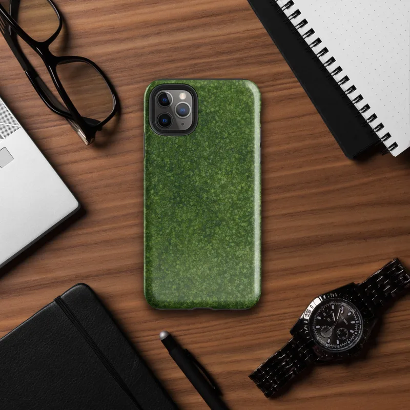 Glossy Lush Green Clover Field Tough Case for iPhone — aerial view of a dense clover field with layered deep forest green