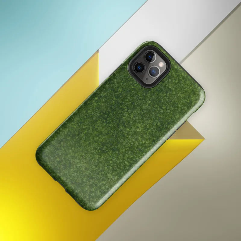 Glossy Lush Green Clover Field Tough Case for iPhone — aerial view of a dense clover field with layered deep forest green