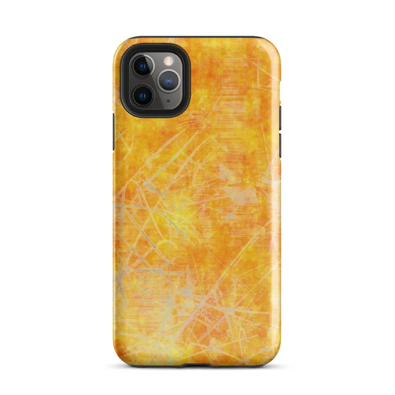 Glossy Solar Flare Scratch Art Tough Case for iPhone — mottled golden orange and yellow background with layered silver