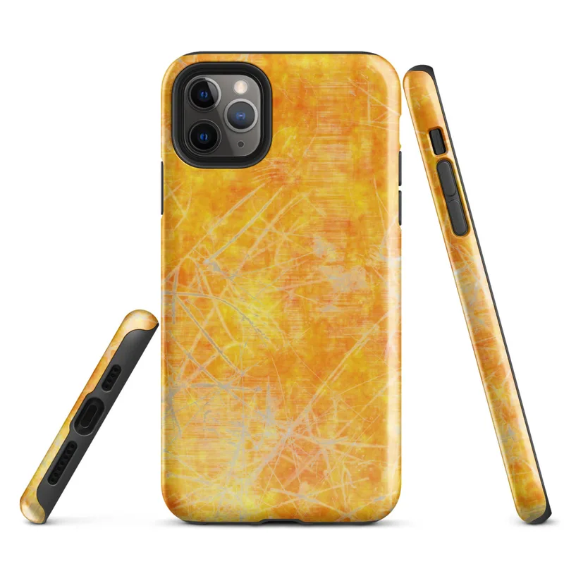 Glossy Solar Flare Scratch Art Tough Case for iPhone — mottled golden orange and yellow background with layered silver