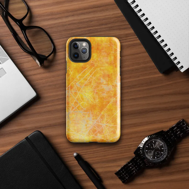Glossy Solar Flare Scratch Art Tough Case for iPhone — mottled golden orange and yellow background with layered silver