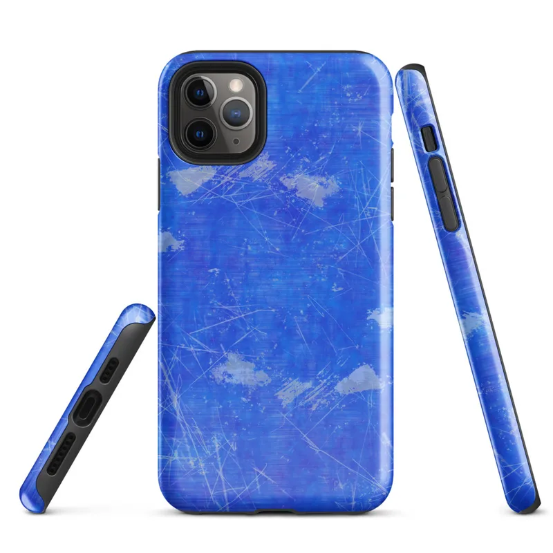 Glossy Electric Blue Splatter Storm Tough Case for iPhone — vivid cobalt blue textured surface covered in scattered white
