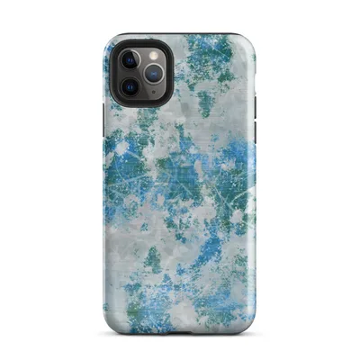 layered abstract composition of deep teal, sapphire blue, and slate gray with splattered paint marks, fine scratches, and translucent crystalline overlays on Glossy Arctic Surge Texture Case - default view