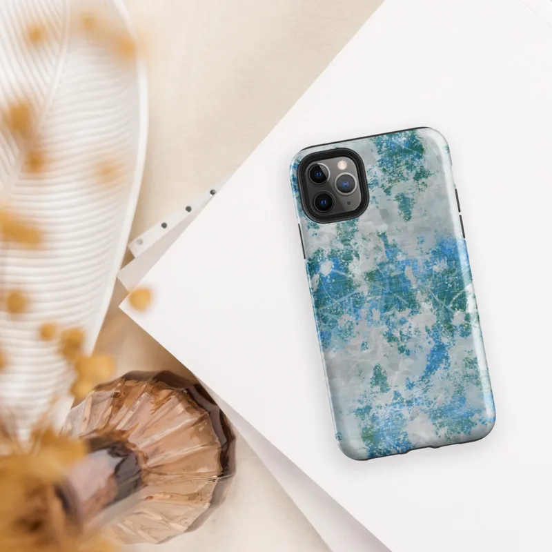 Glossy Arctic Surge Texture Tough Case for iPhone — layered abstract composition of deep teal, sapphire blue, and slate gray