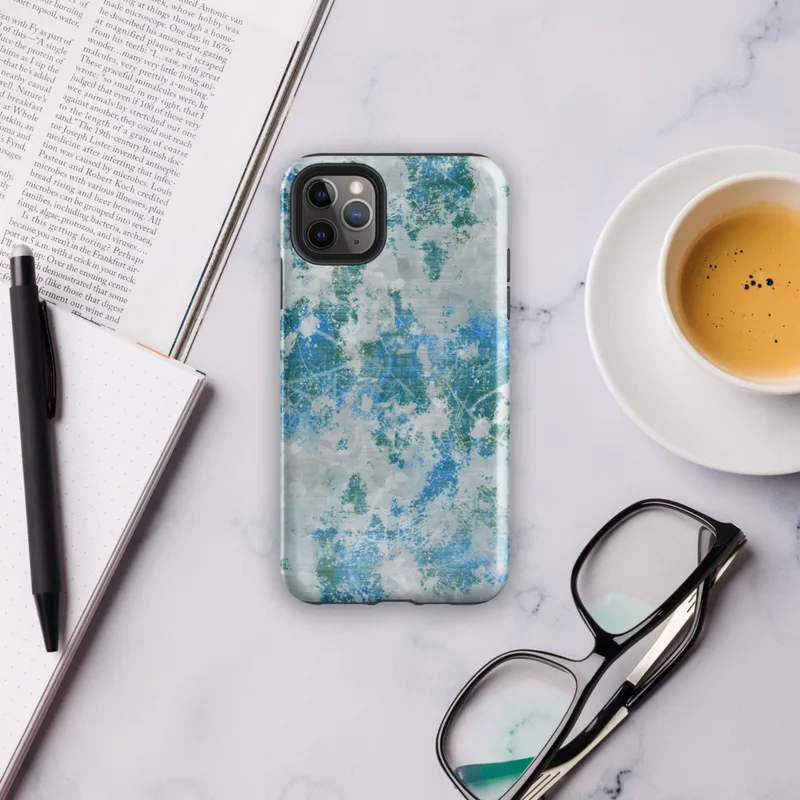 Glossy Arctic Surge Texture Tough Case for iPhone — layered abstract composition of deep teal, sapphire blue, and slate gray