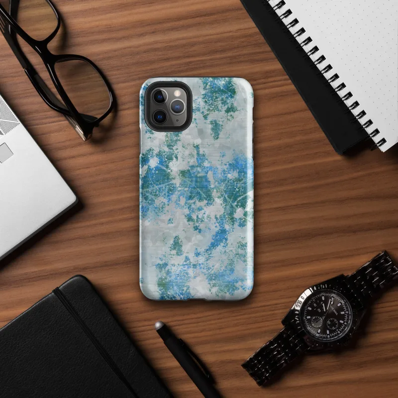 Glossy Arctic Surge Texture Tough Case for iPhone — layered abstract composition of deep teal, sapphire blue, and slate gray