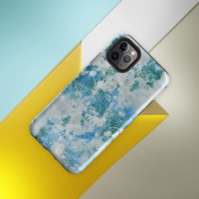 Glossy Arctic Surge Texture Tough Case for iPhone — layered abstract composition of deep teal, sapphire blue, and slate gray