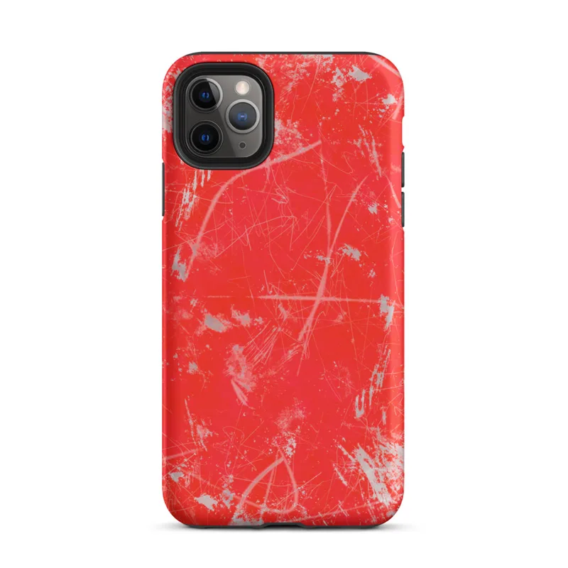 Matte Red Chaos Splatter Tough Case for iPhone — explosive red background covered in silver-gray paint splatters, wild