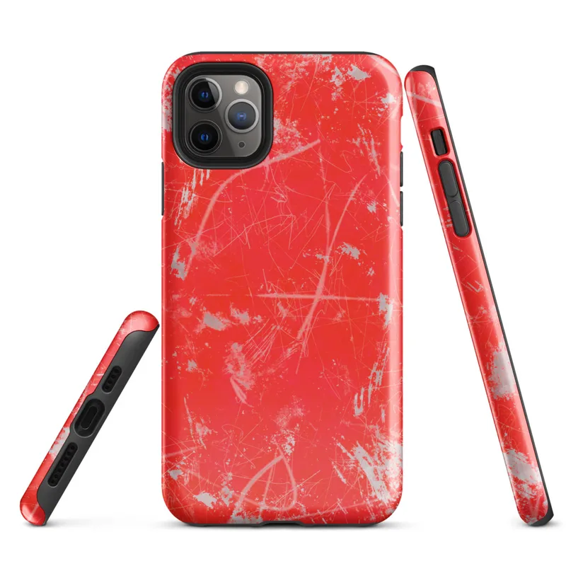 Glossy Red Chaos Splatter Tough Case for iPhone — explosive red background covered in silver-gray paint splatters, wild