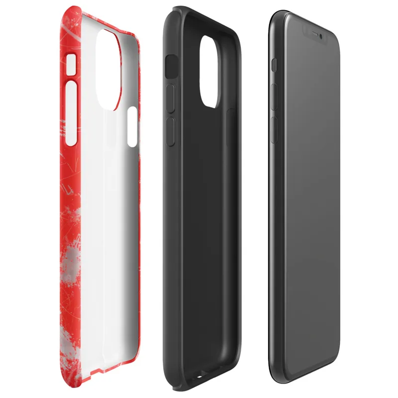 Glossy Red Chaos Splatter Tough Case for iPhone — explosive red background covered in silver-gray paint splatters, wild