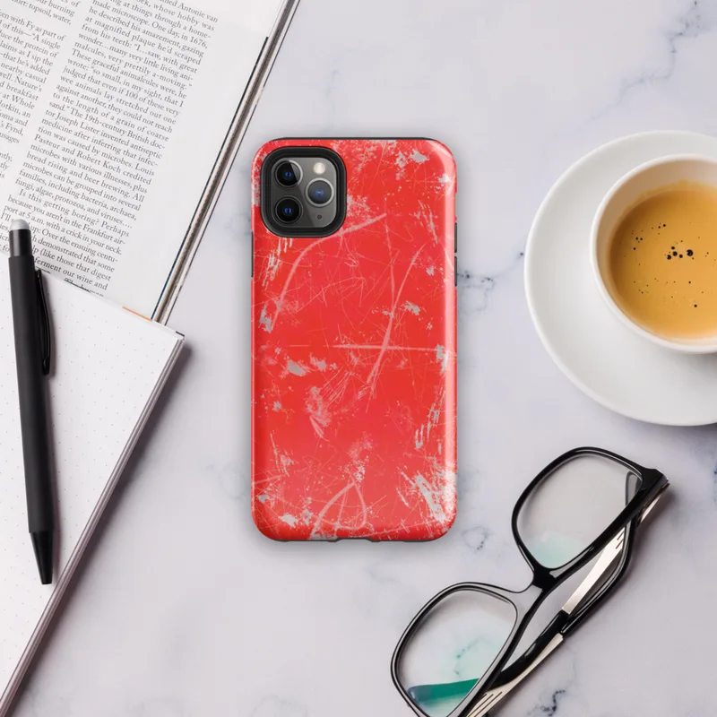 Glossy Red Chaos Splatter Tough Case for iPhone — explosive red background covered in silver-gray paint splatters, wild