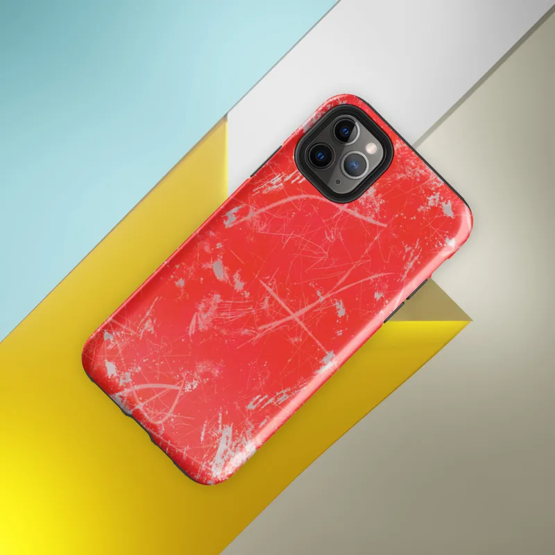 Glossy Red Chaos Splatter Tough Case for iPhone — explosive red background covered in silver-gray paint splatters, wild