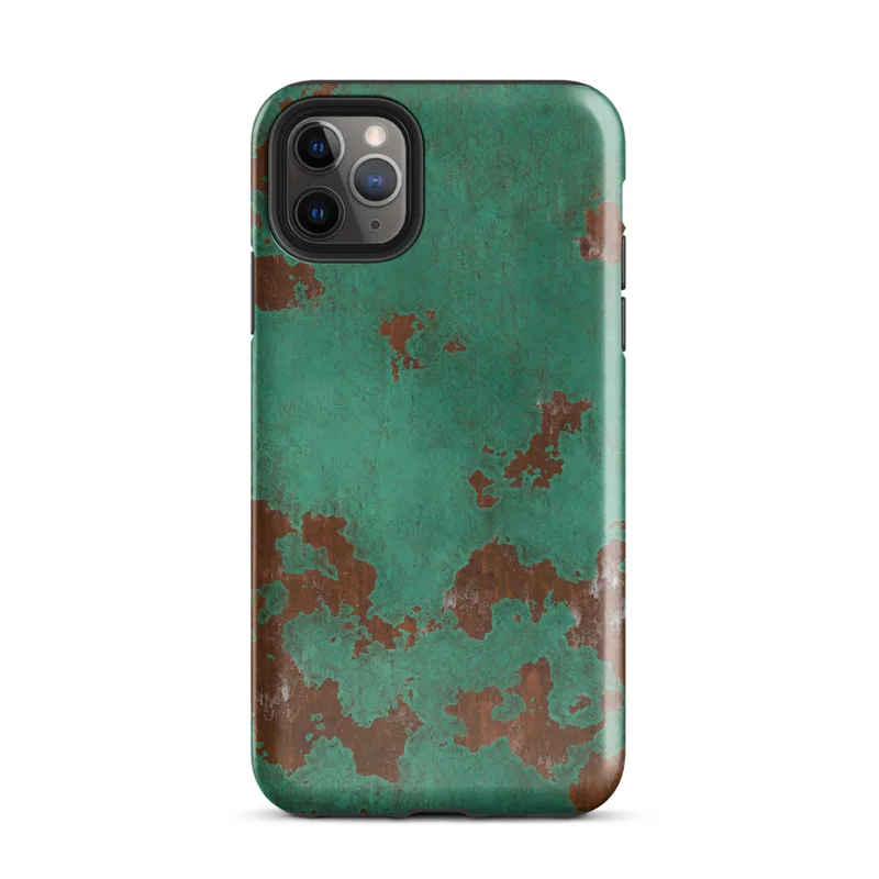 Glossy Copper Patina Storm Tough Case for iPhone — seamless oxidized copper surface with teal-green verdigris patina