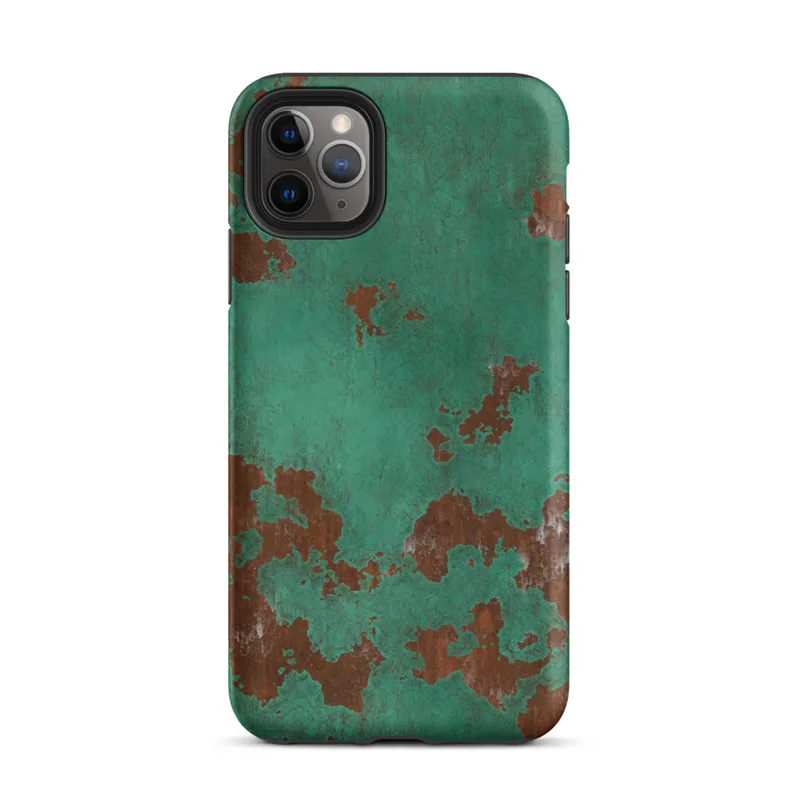 Matte Copper Patina Storm Tough Case for iPhone — seamless oxidized copper surface with teal-green verdigris patina