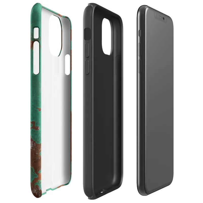 Glossy Copper Patina Storm Tough Case for iPhone — seamless oxidized copper surface with teal-green verdigris patina