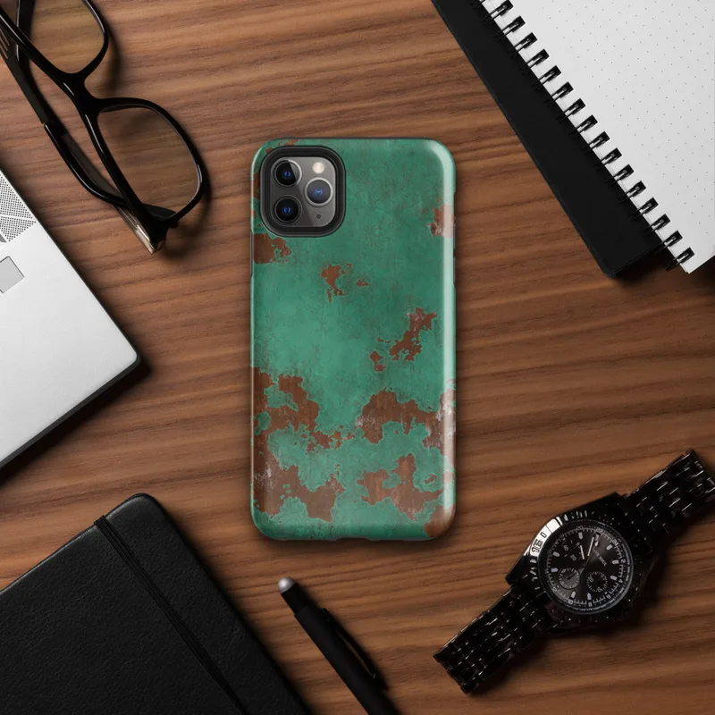 Glossy Copper Patina Storm Tough Case for iPhone — seamless oxidized copper surface with teal-green verdigris patina