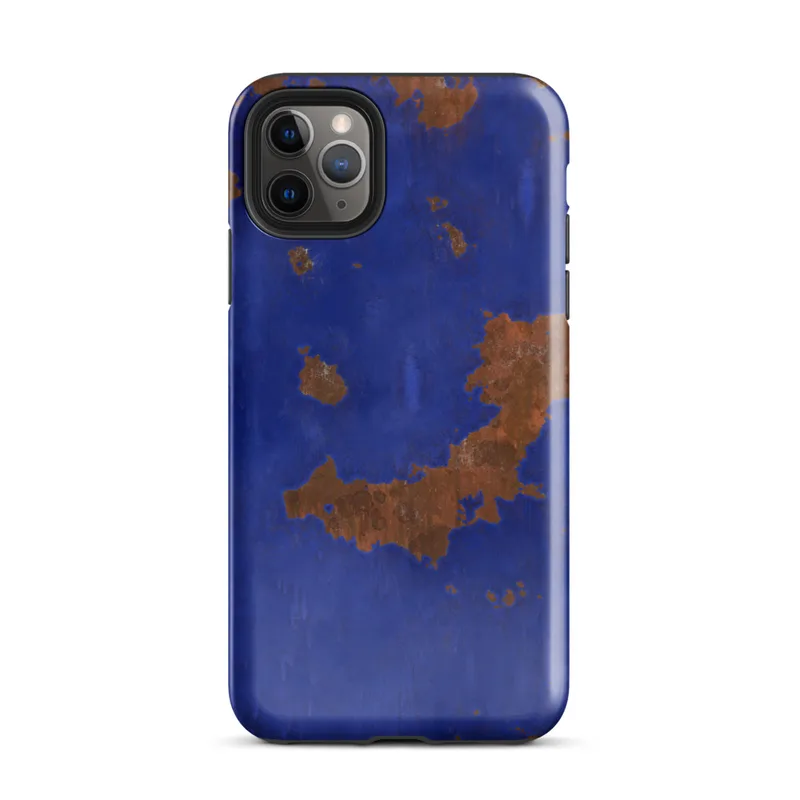 Glossy Cobalt Rust Industrial Edge Tough Case for iPhone — abstract rusted metal texture with irregular burnt sienna
