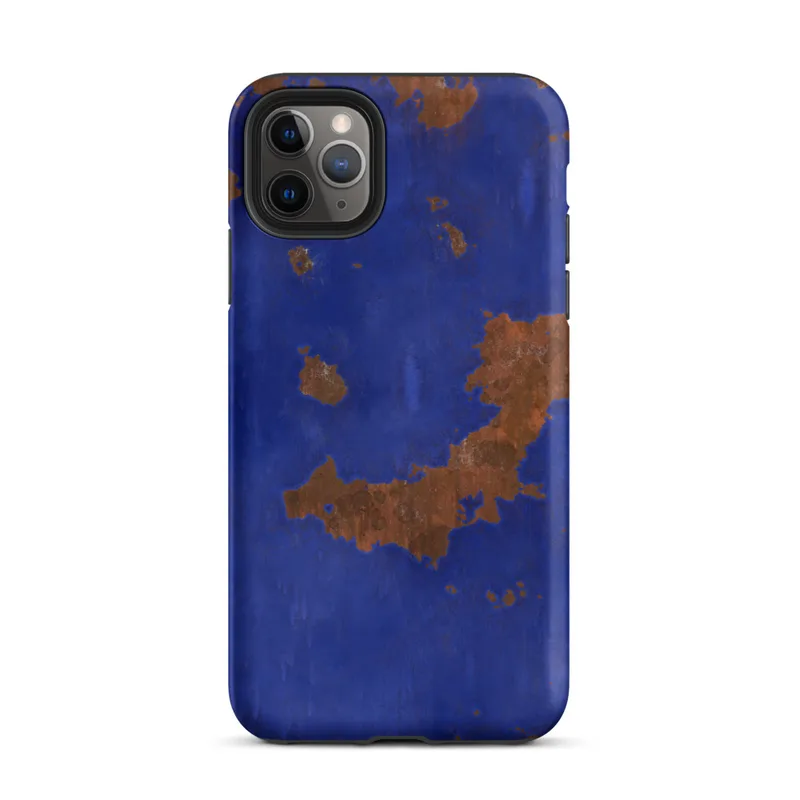 Matte Cobalt Rust Industrial Edge Tough Case for iPhone — abstract rusted metal texture with irregular burnt sienna