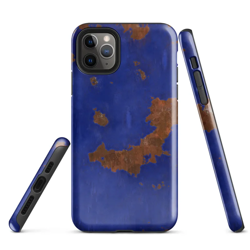 Glossy Cobalt Rust Industrial Edge Tough Case for iPhone — abstract rusted metal texture with irregular burnt sienna