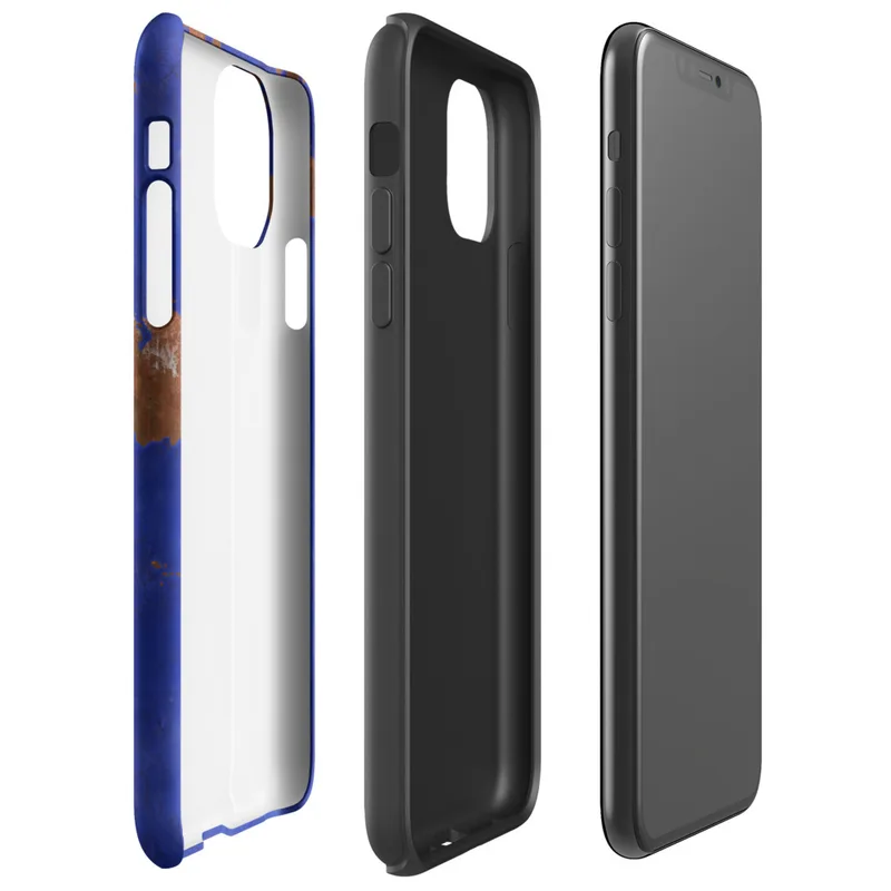 Glossy Cobalt Rust Industrial Edge Tough Case for iPhone — abstract rusted metal texture with irregular burnt sienna