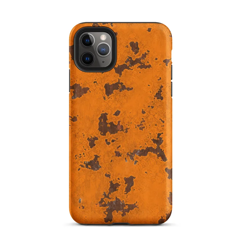 Matte Rust Never Sleeps Tough Case for iPhone — heavily rusted orange painted metal surface with dark brown corroded patches