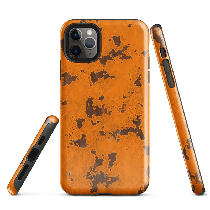 Glossy Rust Never Sleeps Tough Case for iPhone — heavily rusted orange painted metal surface with dark brown corroded