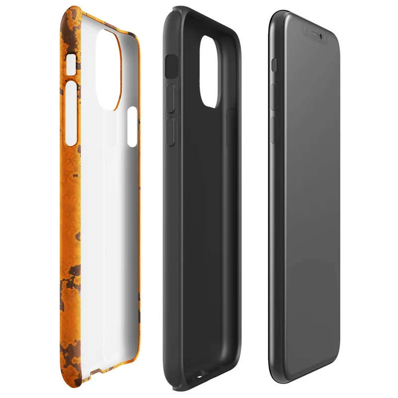 Glossy Rust Never Sleeps Tough Case for iPhone — heavily rusted orange painted metal surface with dark brown corroded