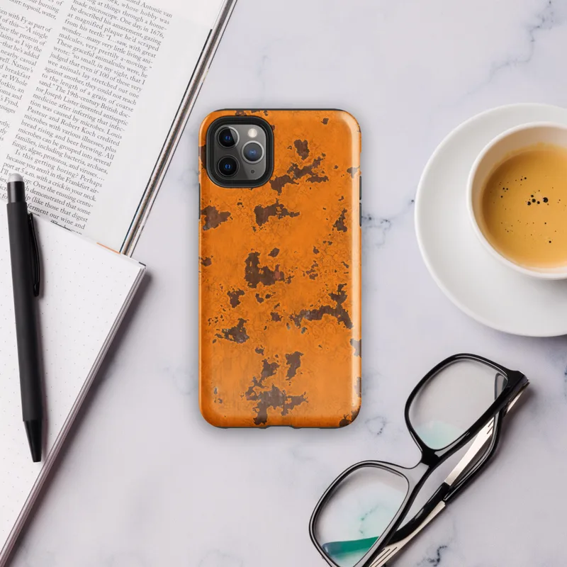Glossy Rust Never Sleeps Tough Case for iPhone — heavily rusted orange painted metal surface with dark brown corroded