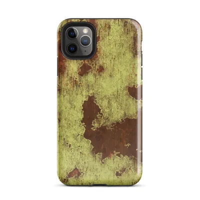 peeling yellow-green paint over deep rust-red metal surface with streaks, cracks, and organic corrosion patterns on Glossy Rusted Decay Industrial Case - default view