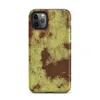 Matte Rusted Decay Industrial Tough Case for iPhone — peeling yellow-green paint over deep rust-red metal surface