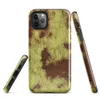 Glossy Rusted Decay Industrial Tough Case for iPhone — peeling yellow-green paint over deep rust-red metal surface