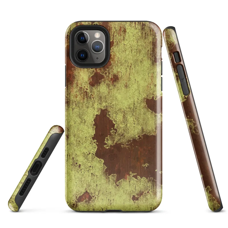 Glossy Rusted Decay Industrial Tough Case for iPhone — peeling yellow-green paint over deep rust-red metal surface