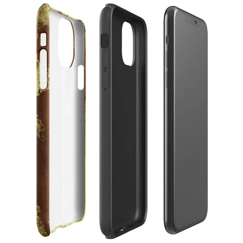 Glossy Rusted Decay Industrial Tough Case for iPhone — peeling yellow-green paint over deep rust-red metal surface
