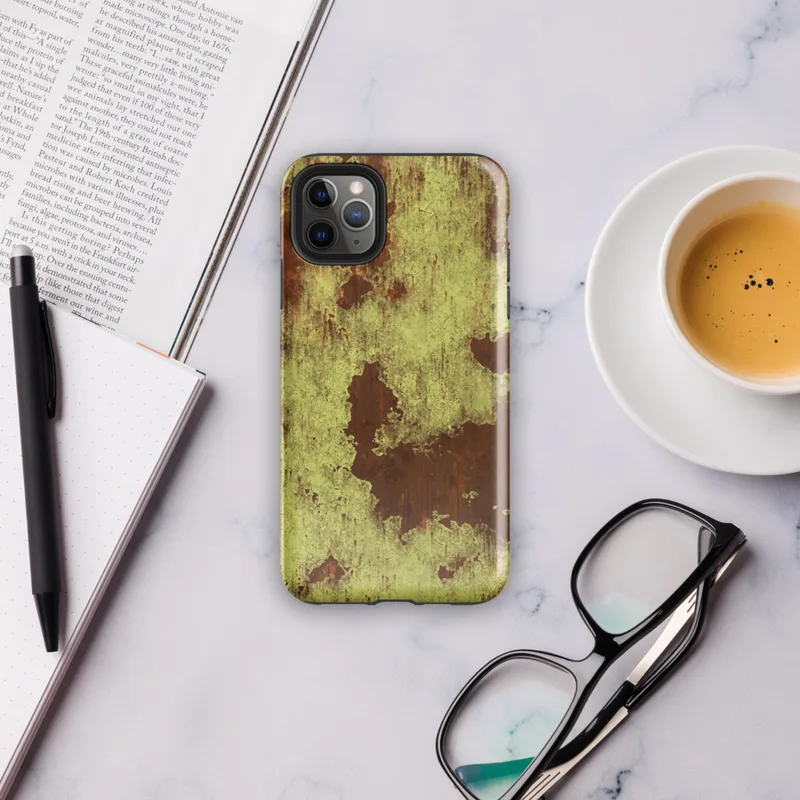 Glossy Rusted Decay Industrial Tough Case for iPhone — peeling yellow-green paint over deep rust-red metal surface