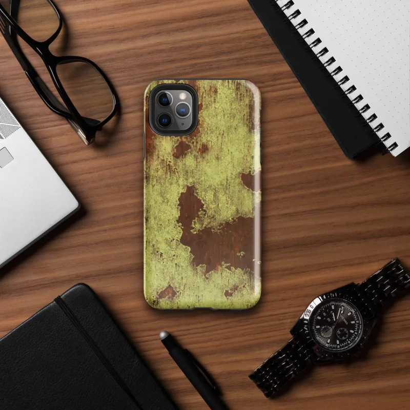Glossy Rusted Decay Industrial Tough Case for iPhone — peeling yellow-green paint over deep rust-red metal surface