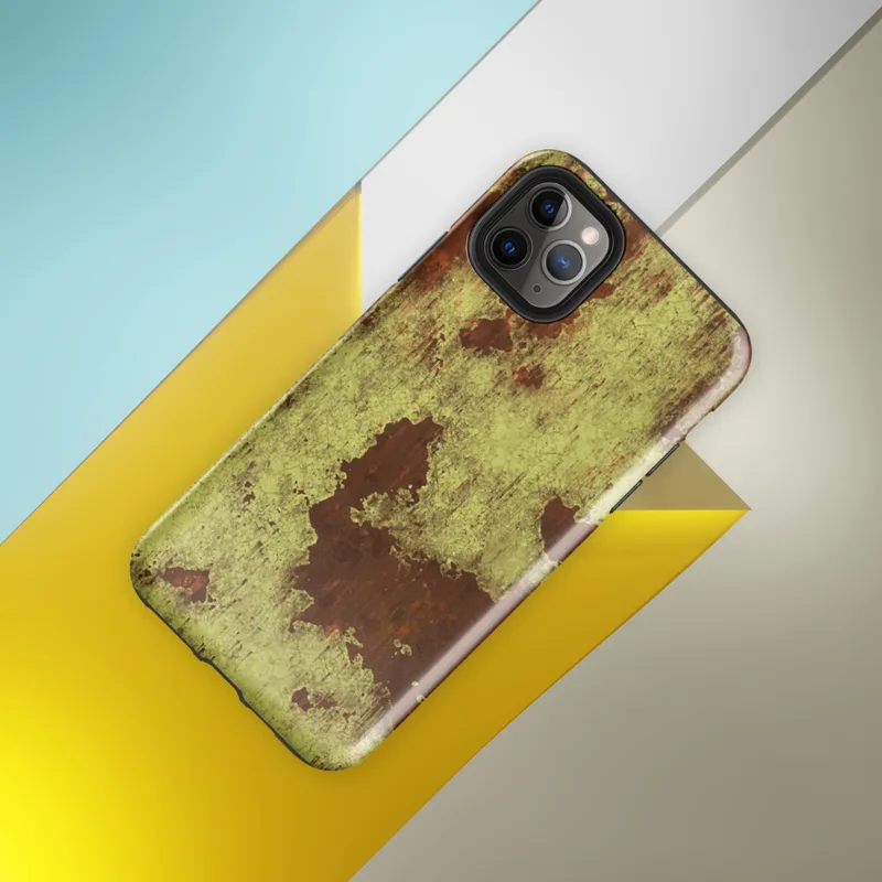 Glossy Rusted Decay Industrial Tough Case for iPhone — peeling yellow-green paint over deep rust-red metal surface