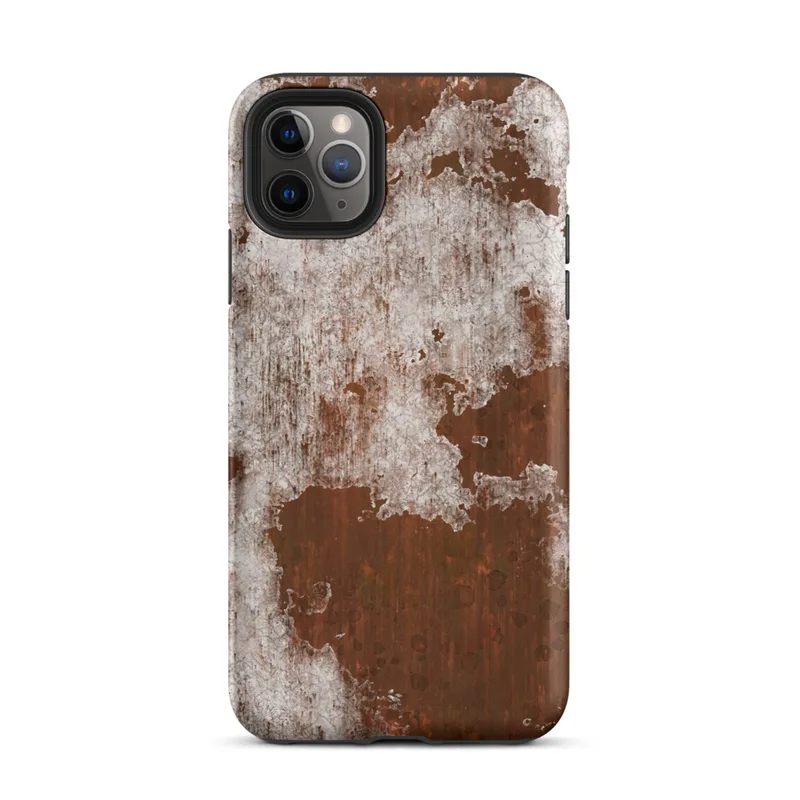 Matte Rust and Ruin Tough Case for iPhone — peeling white paint over deep rust-red corroded iron metal surface with streaks