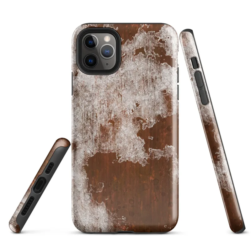 Glossy Rust and Ruin Tough Case for iPhone — peeling white paint over deep rust-red corroded iron metal surface with streaks