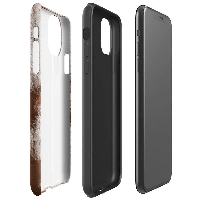 Glossy Rust and Ruin Tough Case for iPhone — peeling white paint over deep rust-red corroded iron metal surface with streaks