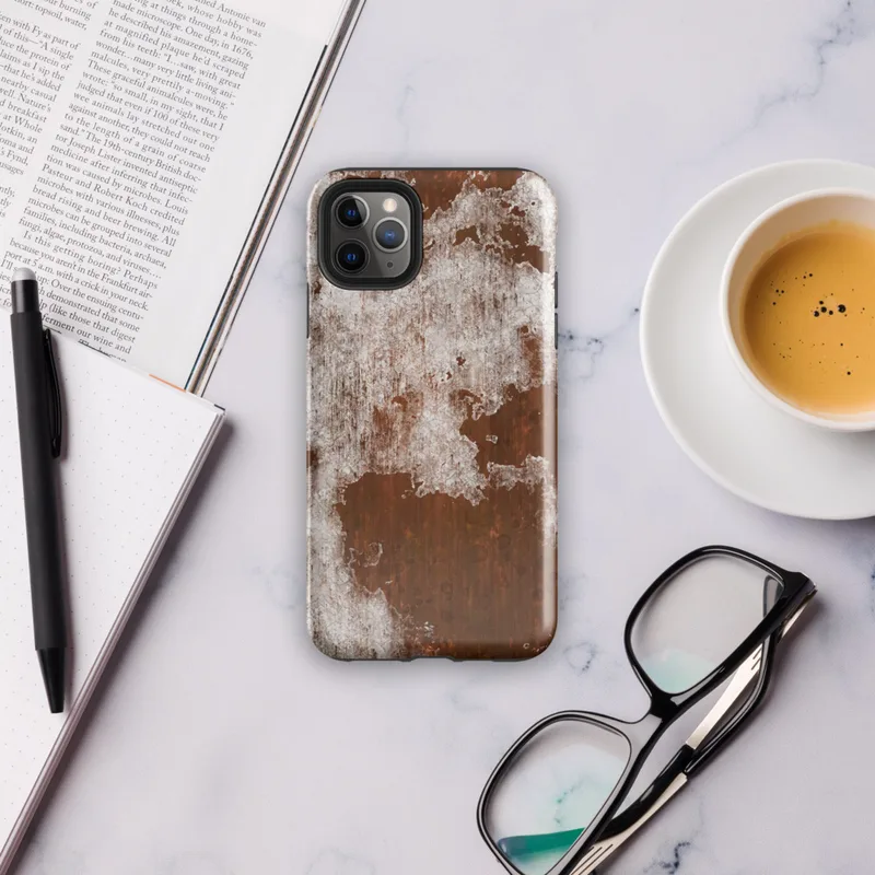 Glossy Rust and Ruin Tough Case for iPhone — peeling white paint over deep rust-red corroded iron metal surface with streaks