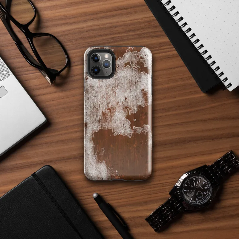 Glossy Rust and Ruin Tough Case for iPhone — peeling white paint over deep rust-red corroded iron metal surface with streaks